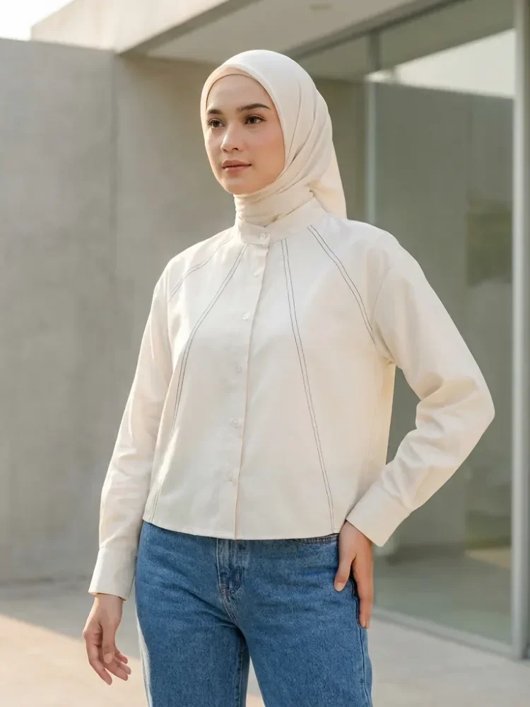 ASAYA Kemeja lengan panjang longgar wanita dengan hiasan garis, polos