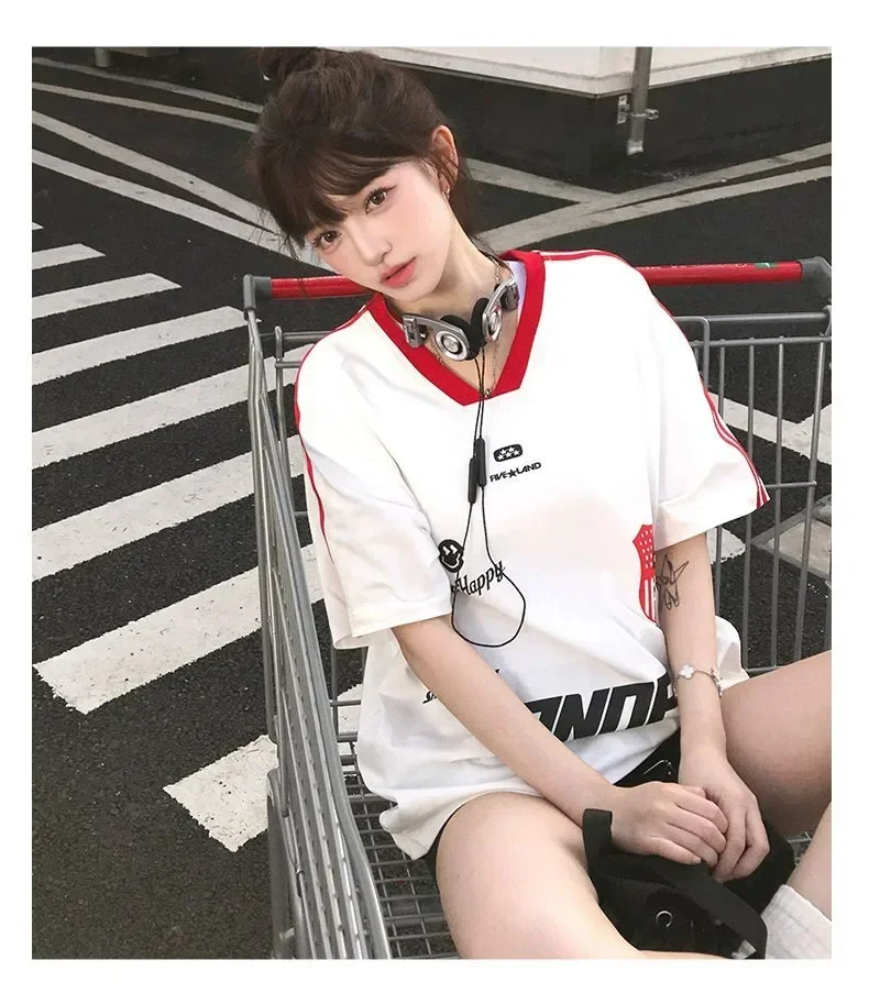 ASAYA Kaos wanita desain sporty lengan pendek oversized