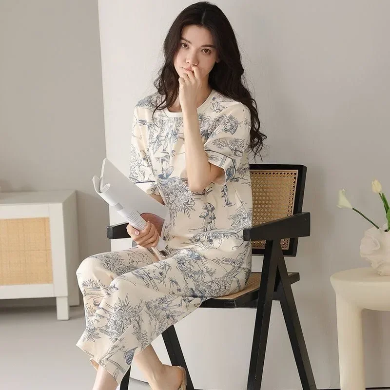 ASAYA Setelan wanita piyama dua potong motif elegant atasan lengan pendek dan celana panjang
