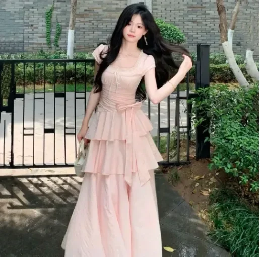 CHICMORE Gaun mode ruffle tampilan anggun kerah persegi lengan puff untuk wanita