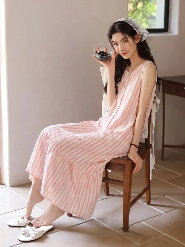 ASAYA Dress tanpa lengan motif bergaris korean style