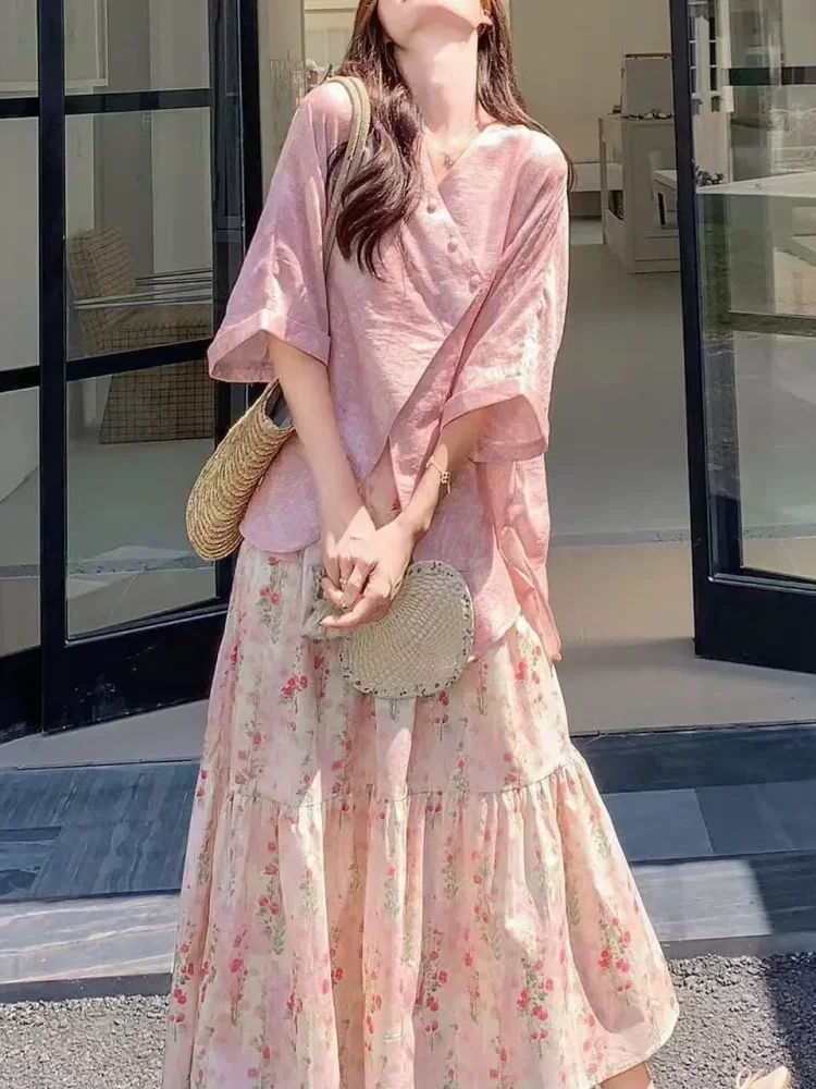 CHICMORE Setelan dua potong lengan 3/4 dan rok flowy manis untuk musim panas