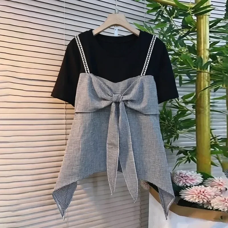 ASAYA Atasan kaos kerah bulat lengan pendek dan bermotif unik