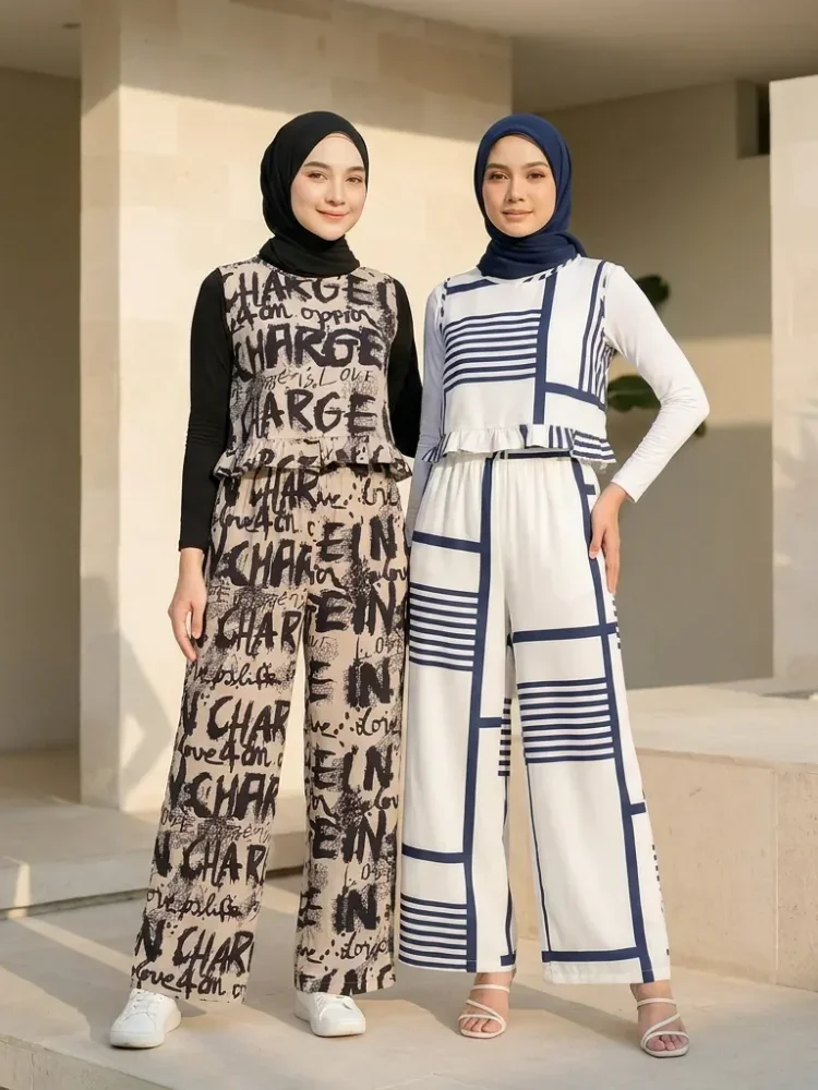 ASAYA Setelan dua potong palsu atasan lengan pendek kerah v+ celana panjang gaya korea terbaru