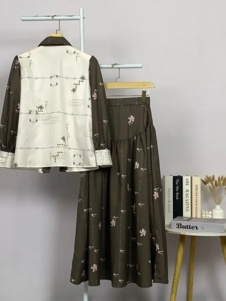 ASAYA Setelan wanita 2in1 blouse lengan panjang motif print kombinasi bunga + rok panjang highwaist elegan model kekinian