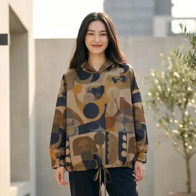 ASAYA Atasan sweatshirt berkerudung kasual bergaya retro chic