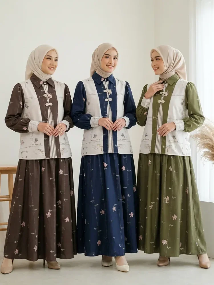 ASAYA Setelan wanita 2in1 blouse lengan panjang motif print kombinasi bunga + rok panjang highwaist elegan model kekinian