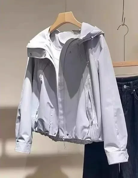 CHICMORE Jaket wanita lengan panjang model zipper lengan panjang model hoded