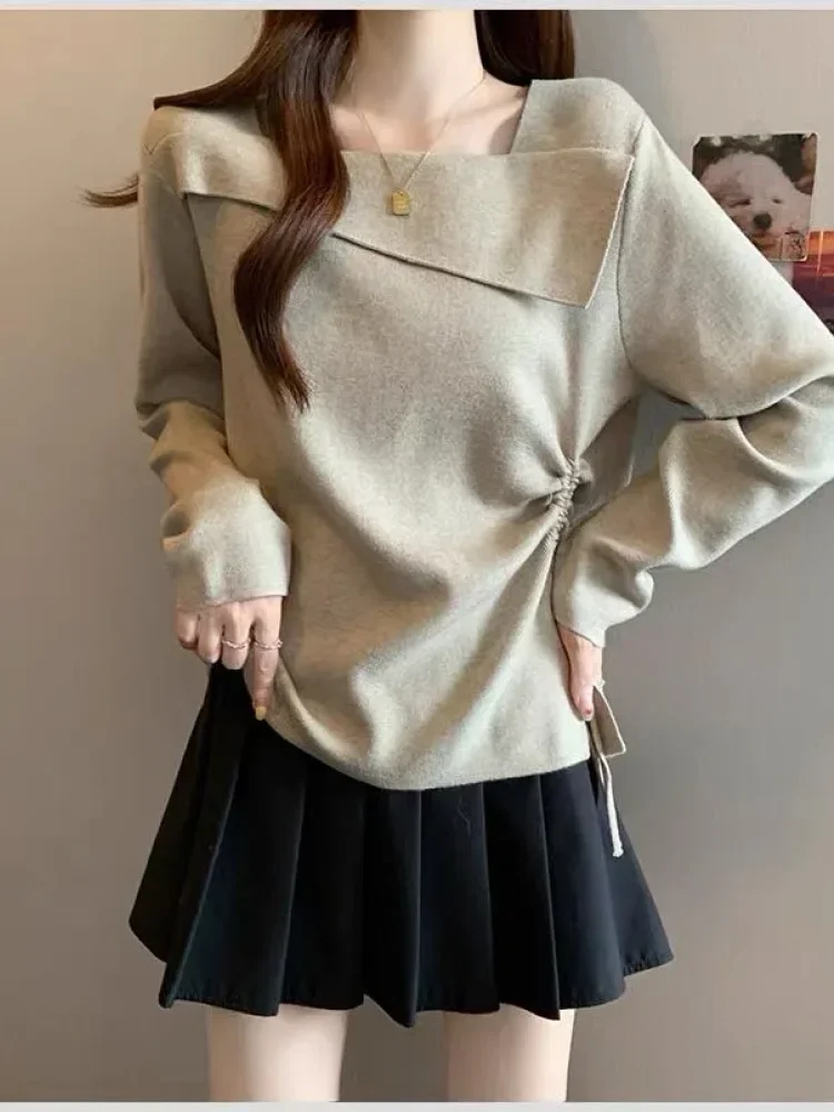 CHICMORE Atasan wanita warna solid dengan kerah persegi dan lengan panjang gaya trendi