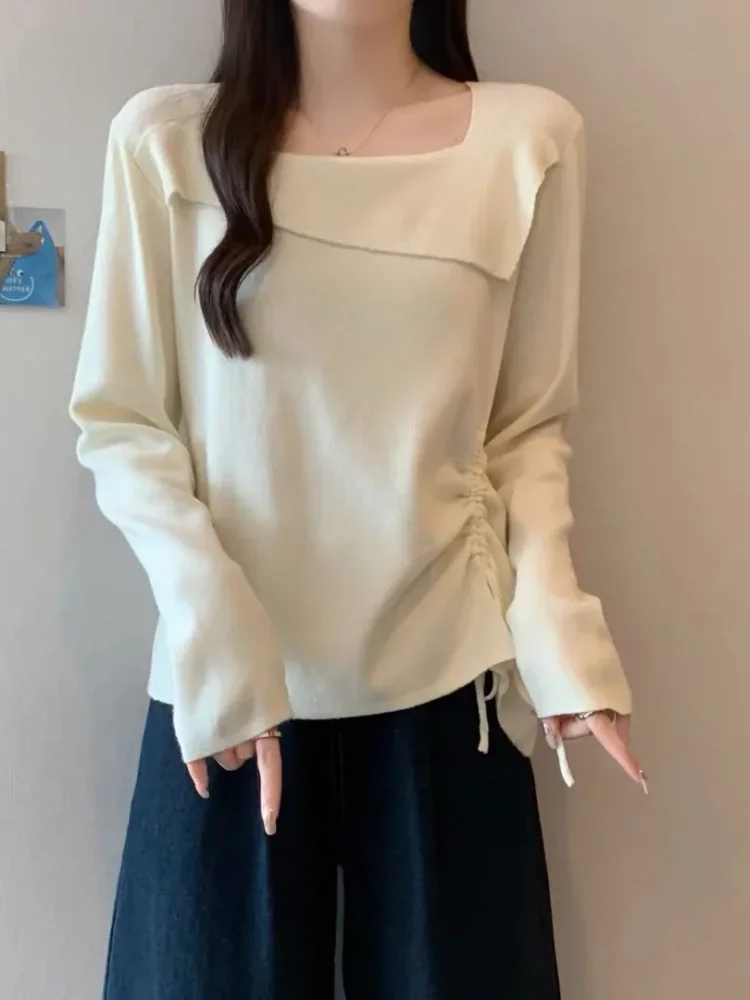 CHICMORE Atasan wanita warna solid dengan kerah persegi dan lengan panjang gaya trendi