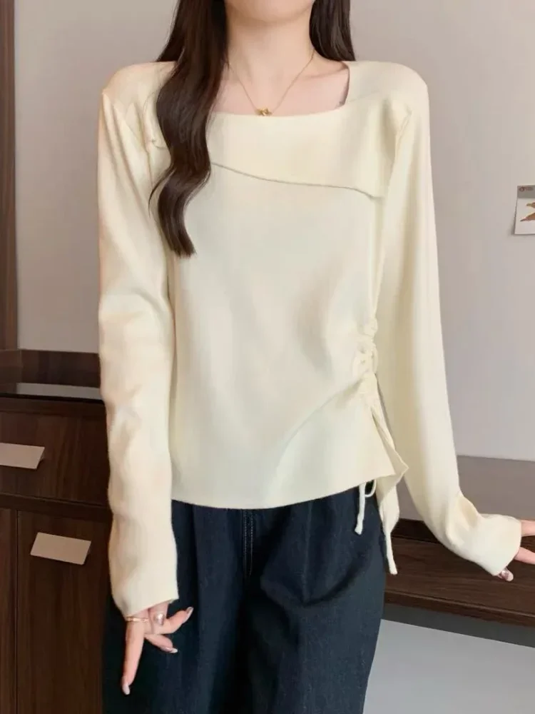 CHICMORE Atasan wanita warna solid dengan kerah persegi dan lengan panjang gaya trendi