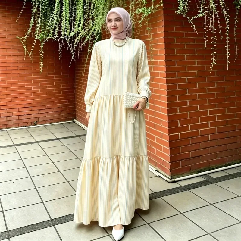 ASAYA Gaun panjang longgar kasual tipis bermotif dengan desain mode elegan