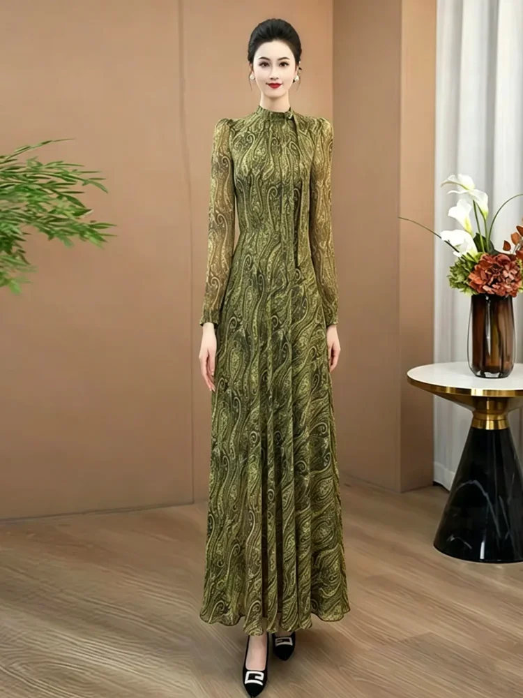 FADFAD Gaun rok maxi lengan panjang dengan motif cetak dan gaya kelas atas