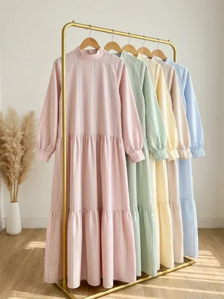 ASAYA Gaun panjang longgar kasual tipis bermotif dengan desain mode elegan