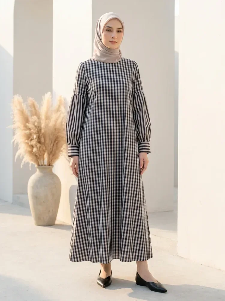 ASAYA Gaun elegan dengan motif posisi mode lengan panjang