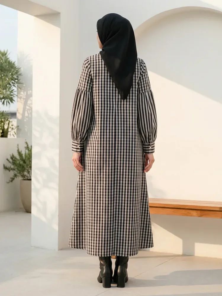 ASAYA Gaun elegan dengan motif posisi mode lengan panjang