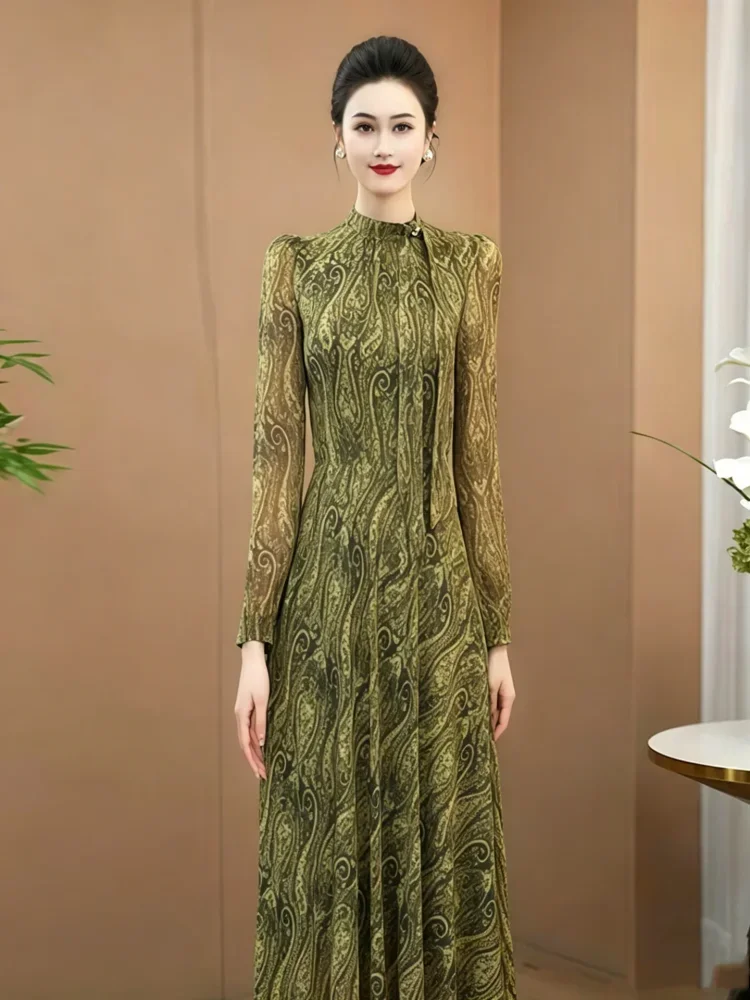 FADFAD Gaun rok maxi lengan panjang dengan motif cetak dan gaya kelas atas