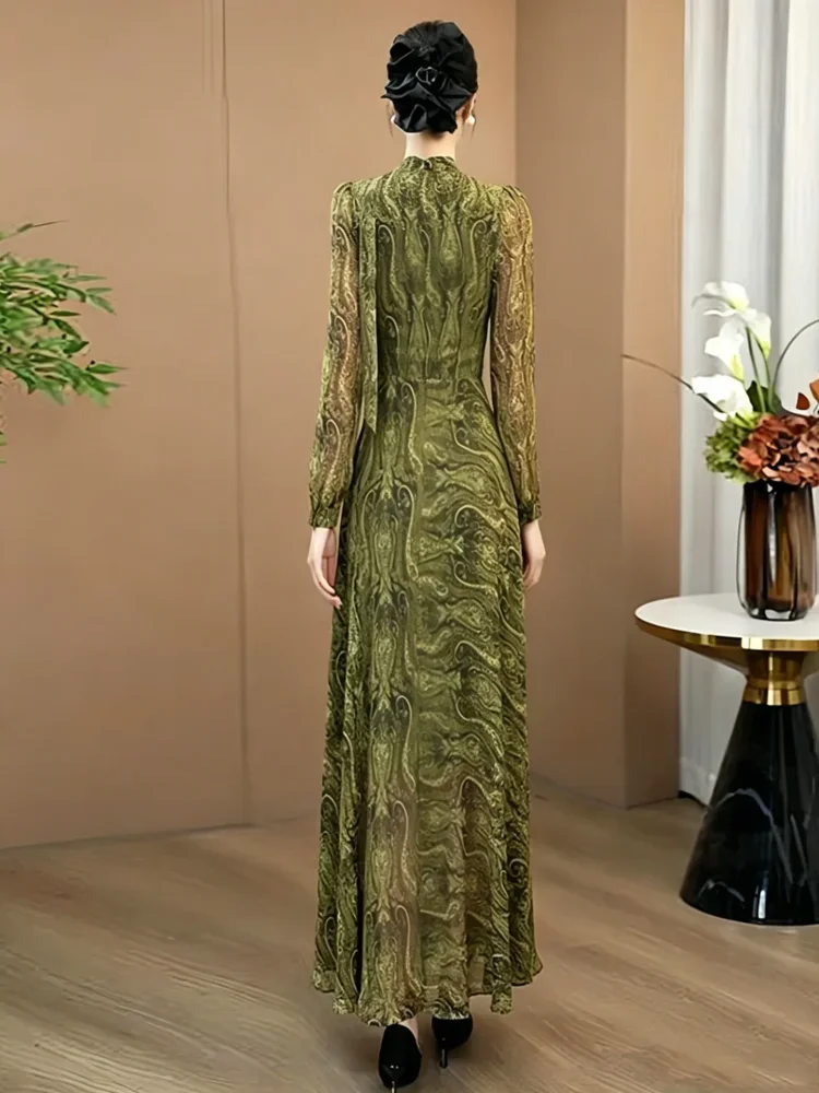FADFAD Gaun rok maxi lengan panjang dengan motif cetak dan gaya kelas atas