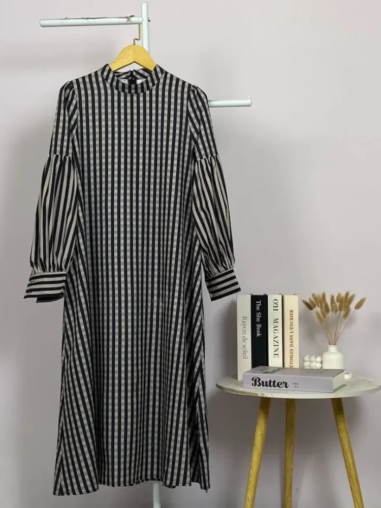 ASAYA Gaun elegan dengan motif posisi mode lengan panjang
