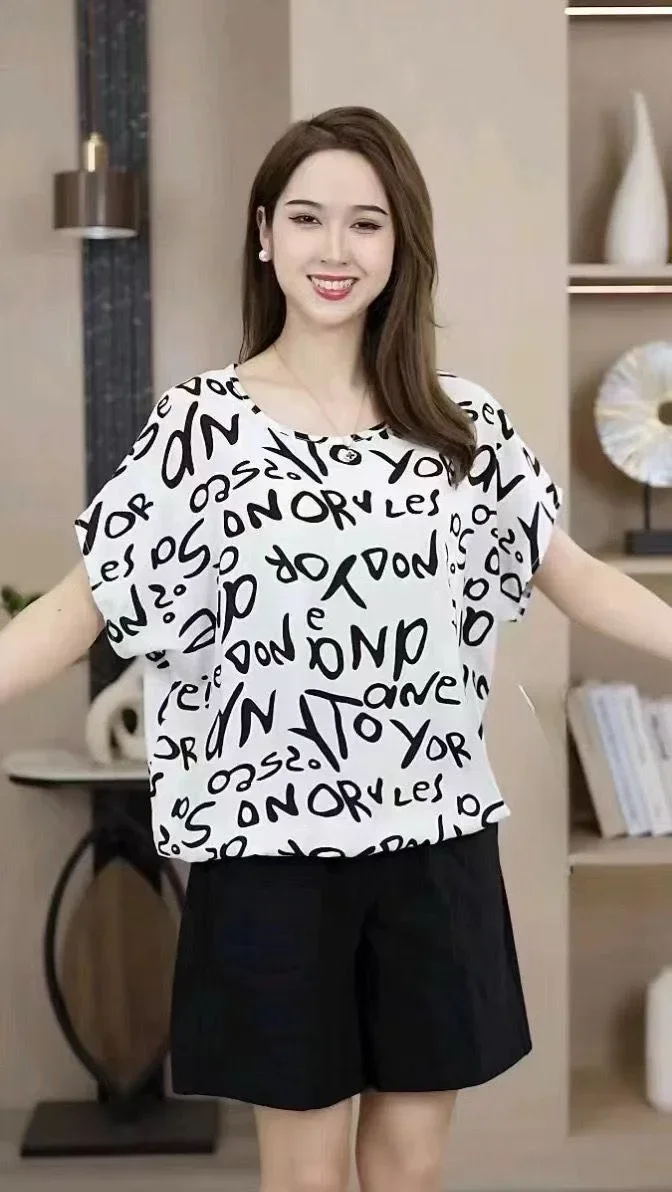 ASAYA Atasan wanita blouse lengan pendek motif cetak minimalis