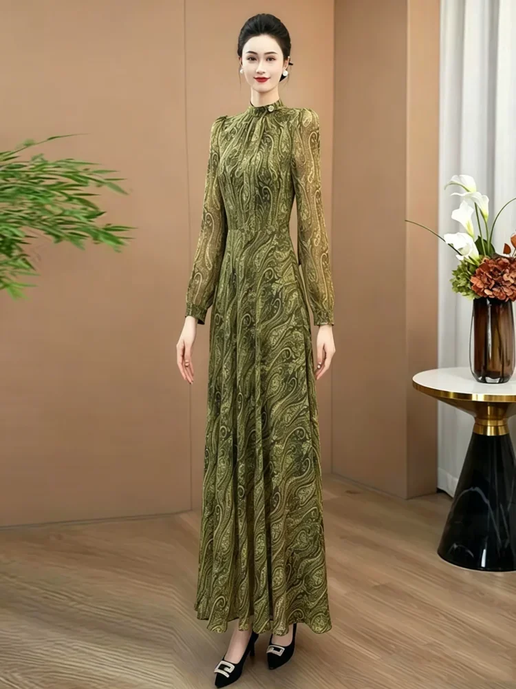 FADFAD Gaun rok maxi lengan panjang dengan motif cetak dan gaya kelas atas