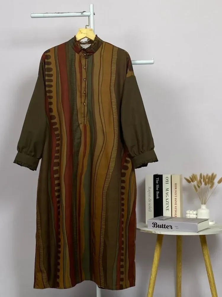 ASAYA Gaun panjang longgar kasual tipis bermotif dengan desain mode elegan