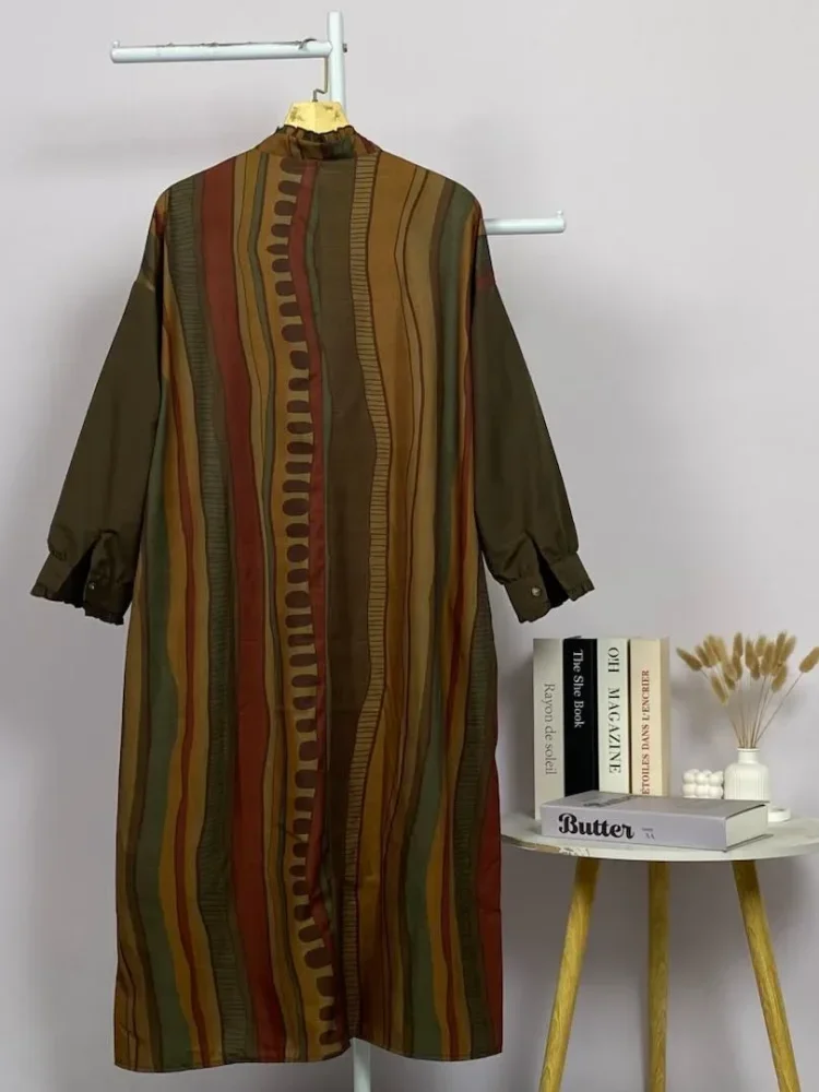 ASAYA Gaun panjang longgar kasual tipis bermotif dengan desain mode elegan