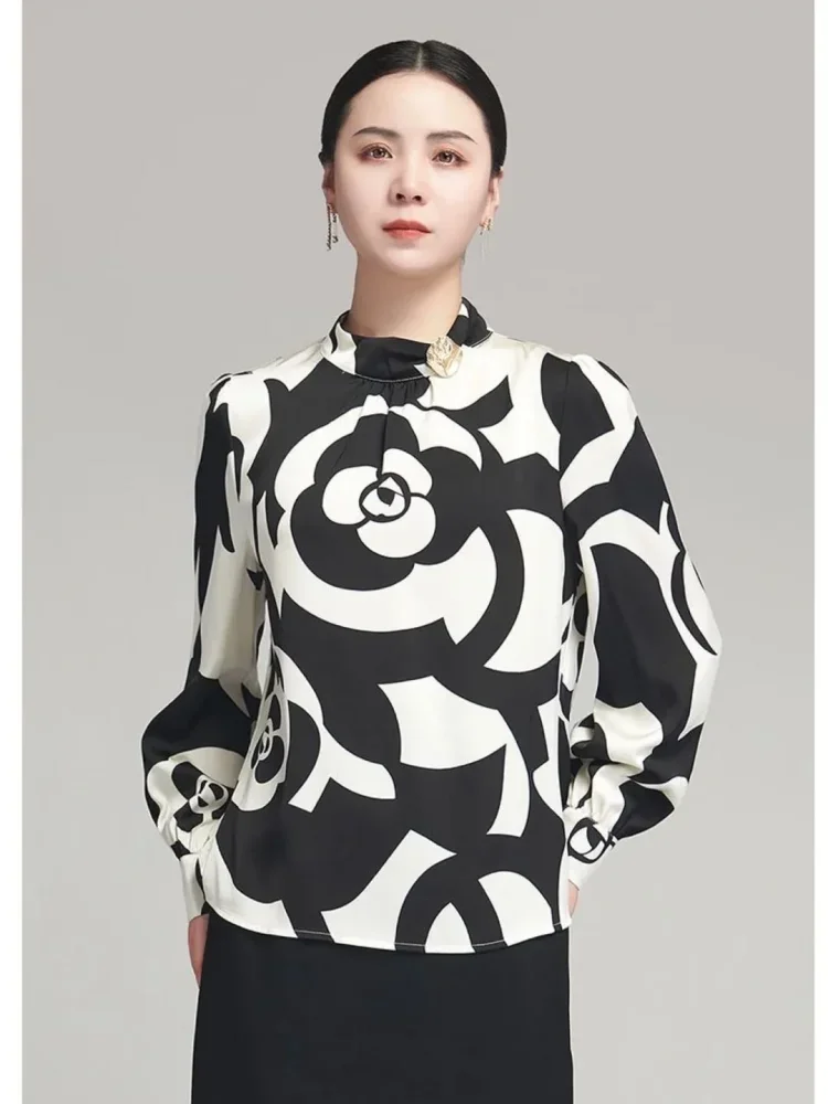 FADFAD Kemeja motif bunga cantik dengan kerah tinggi dan lengan panjang