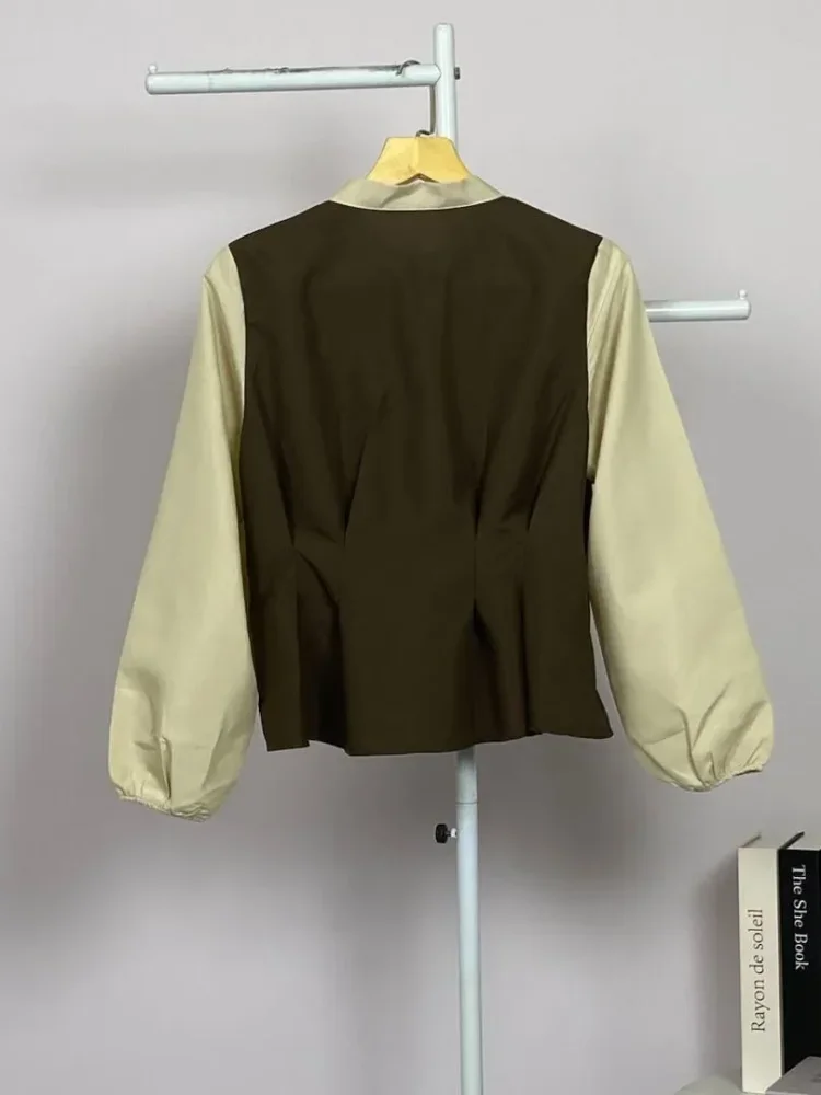 ASAYA Atasan kemeja longgar desain tidak beraturan lengan panjang kerah polo warna kontras untuk wanita gaya modis
