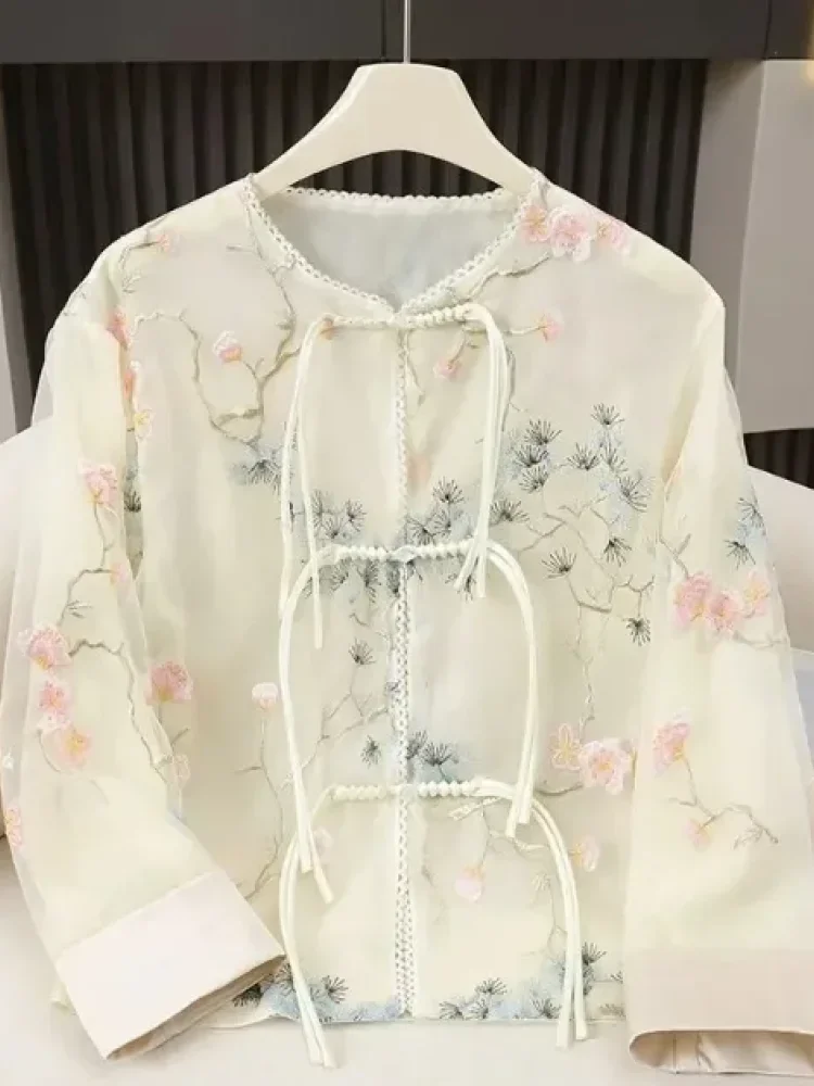 LUXME （kainnya relatif transparan）atasan retro lengan panjang motif bunga berkerah bulat gaya cina