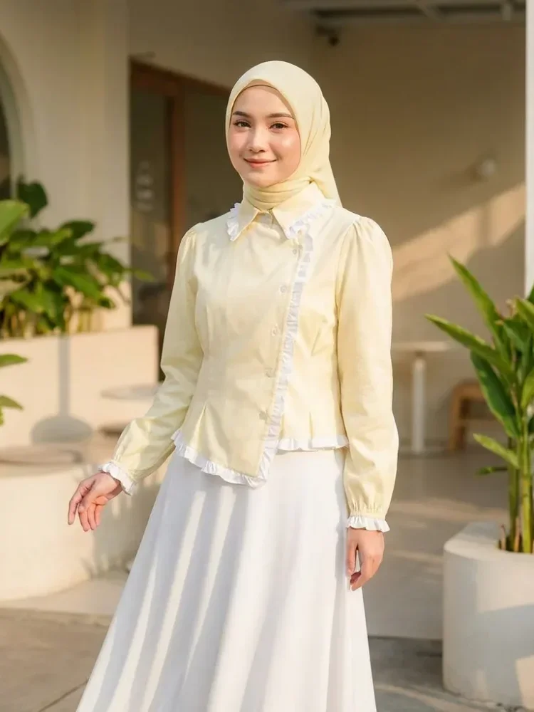 ASAYA Atasan kemeja longgar lengan panjang motif kotak-kotak vintage detail baru gaya korea