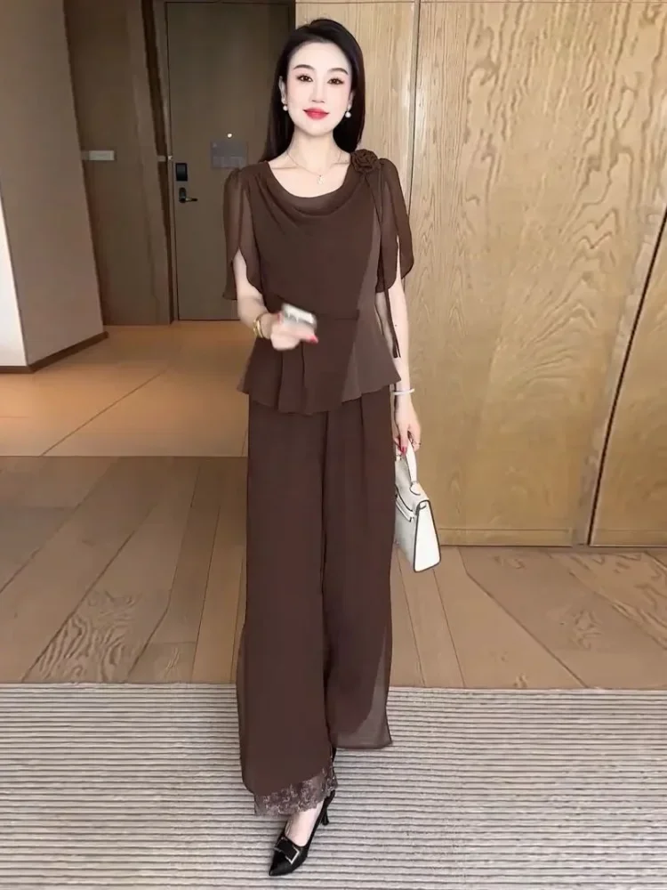 FADFAD Setelan dua potong celana panjang atasan lengan pendek elegan wanita