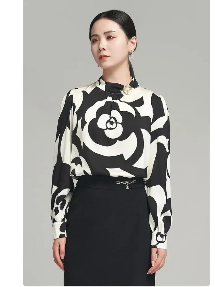 FADFAD Kemeja motif bunga cantik dengan kerah tinggi dan lengan panjang