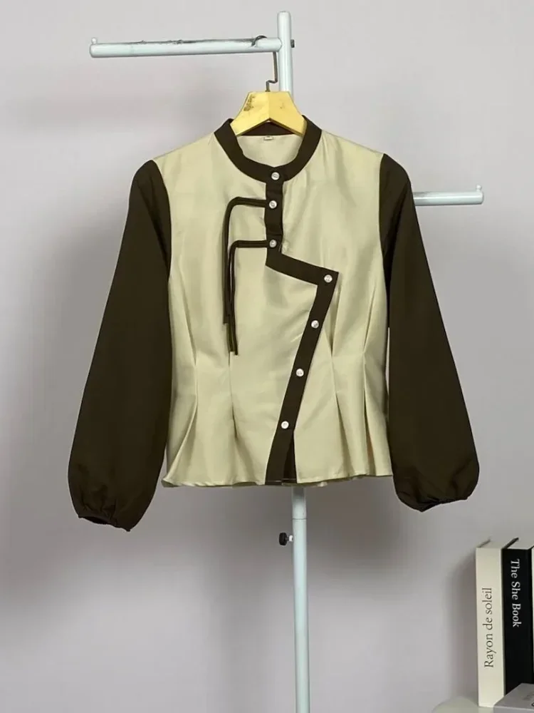ASAYA Atasan kemeja longgar desain tidak beraturan lengan panjang kerah polo warna kontras untuk wanita gaya modis