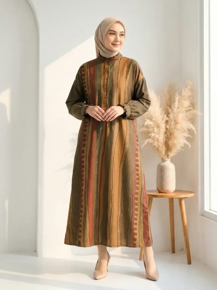 ASAYA Gaun panjang longgar kasual tipis bermotif dengan desain mode elegan