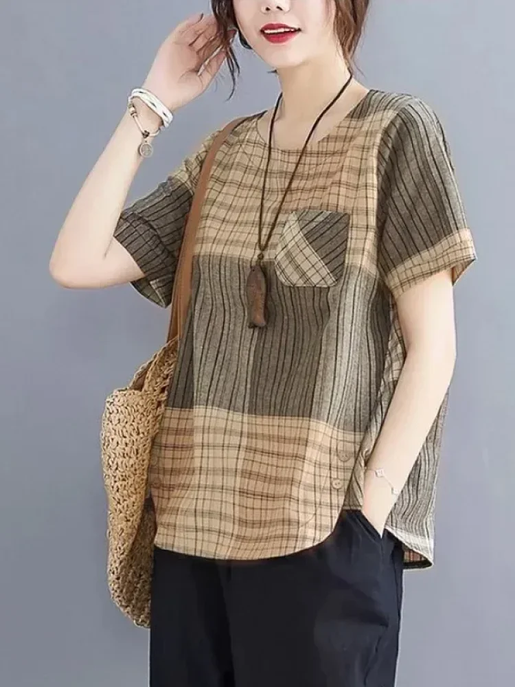 ASAYA Atasan model lengan pendek untuk wanita motif garis garis