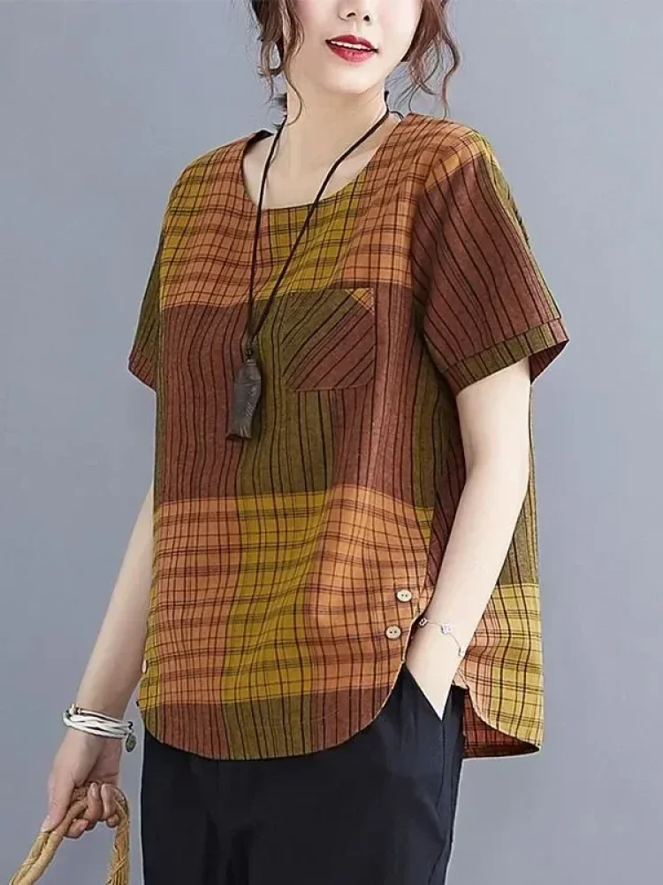 ASAYA Atasan model lengan pendek untuk wanita motif garis garis
