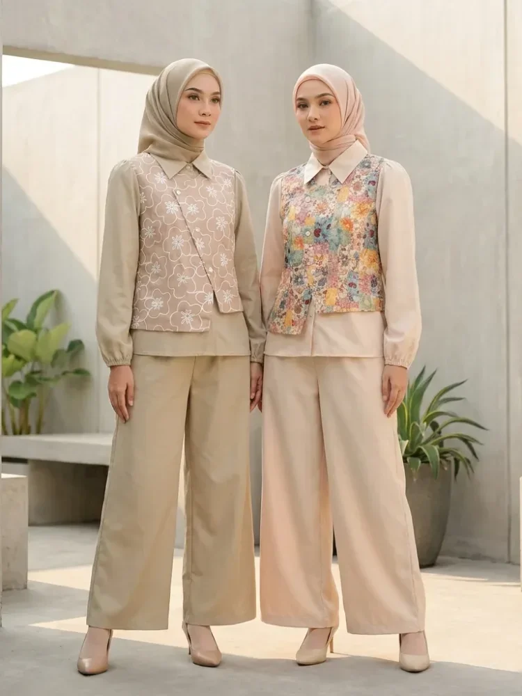 ASAYA Set celana santai rompi dua lapisan modis