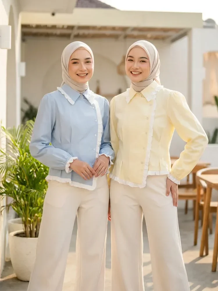 ASAYA Atasan kemeja longgar lengan panjang motif kotak-kotak vintage detail baru gaya korea
