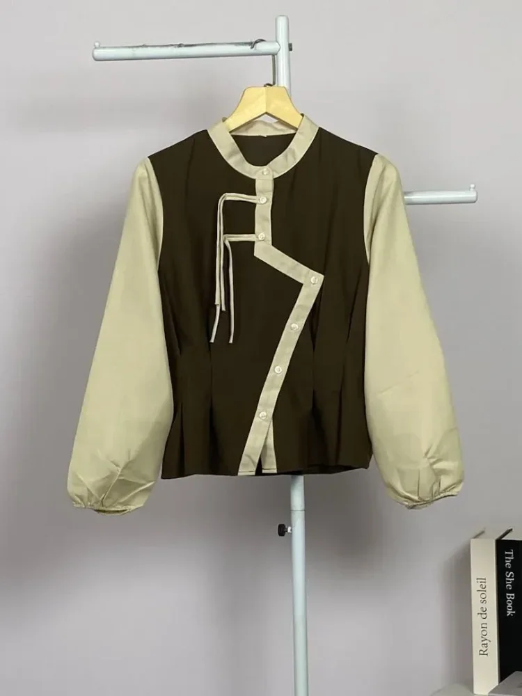 ASAYA Atasan kemeja longgar desain tidak beraturan lengan panjang kerah polo warna kontras untuk wanita gaya modis