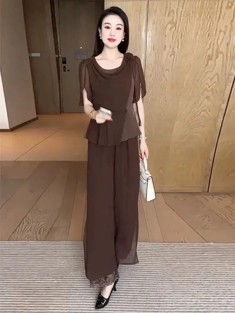 FADFAD Setelan dua potong celana panjang atasan lengan pendek elegan wanita