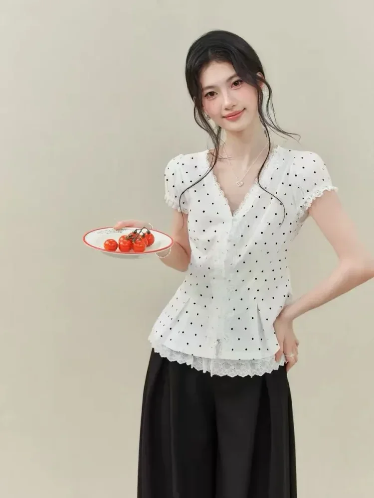 CHICMORE Blouse motif polkadot dengan kerah v manis dan lengan pendek gaya trendi