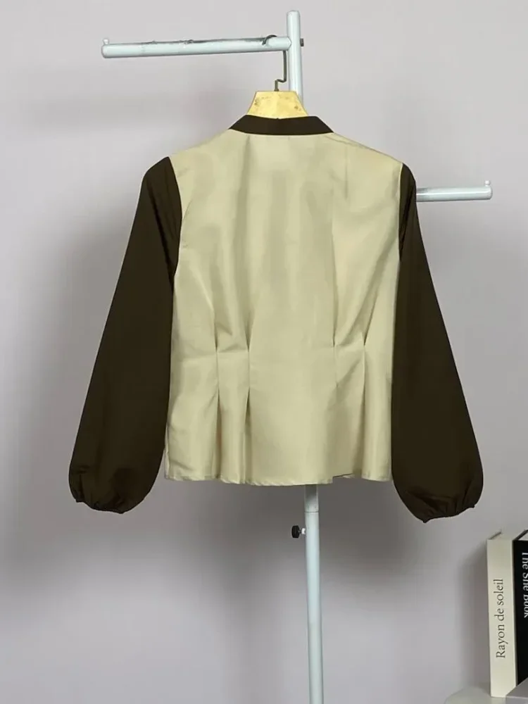 ASAYA Atasan kemeja longgar desain tidak beraturan lengan panjang kerah polo warna kontras untuk wanita gaya modis