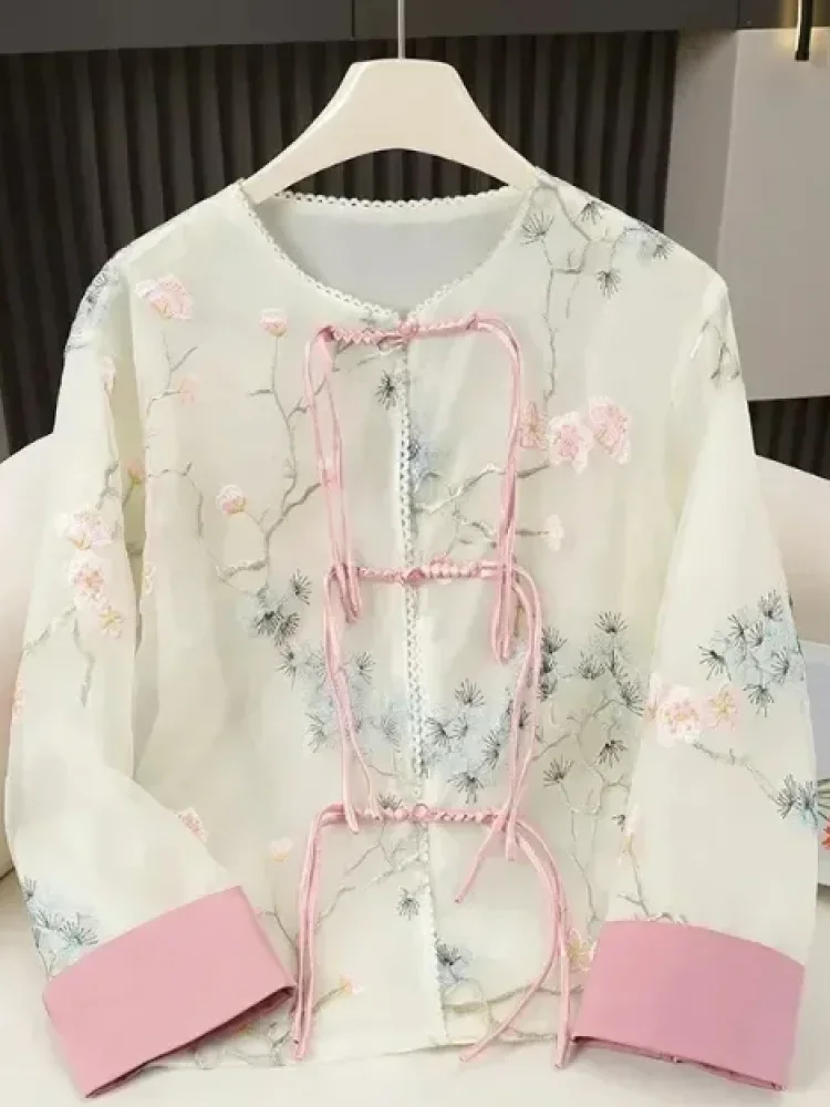 LUXME （kainnya relatif transparan）atasan retro lengan panjang motif bunga berkerah bulat gaya cina
