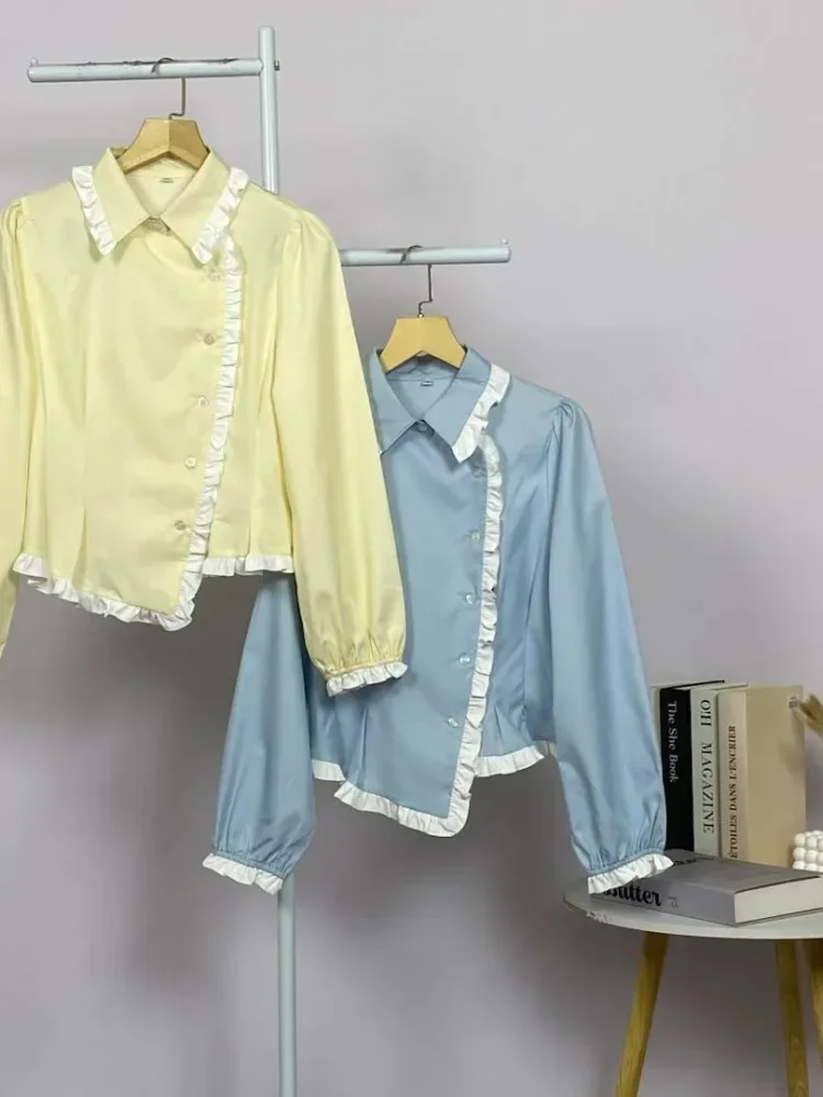 ASAYA Atasan kemeja longgar lengan panjang motif kotak-kotak vintage detail baru gaya korea