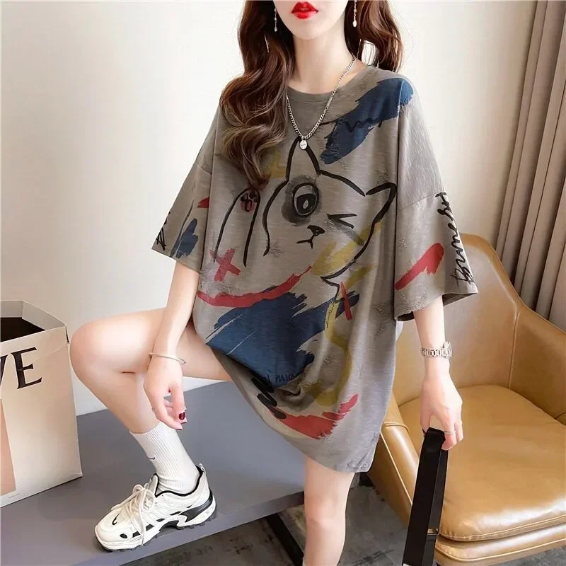 ASAYA Atasan kaos kerah bulat lengan pendek dan bermotif unik