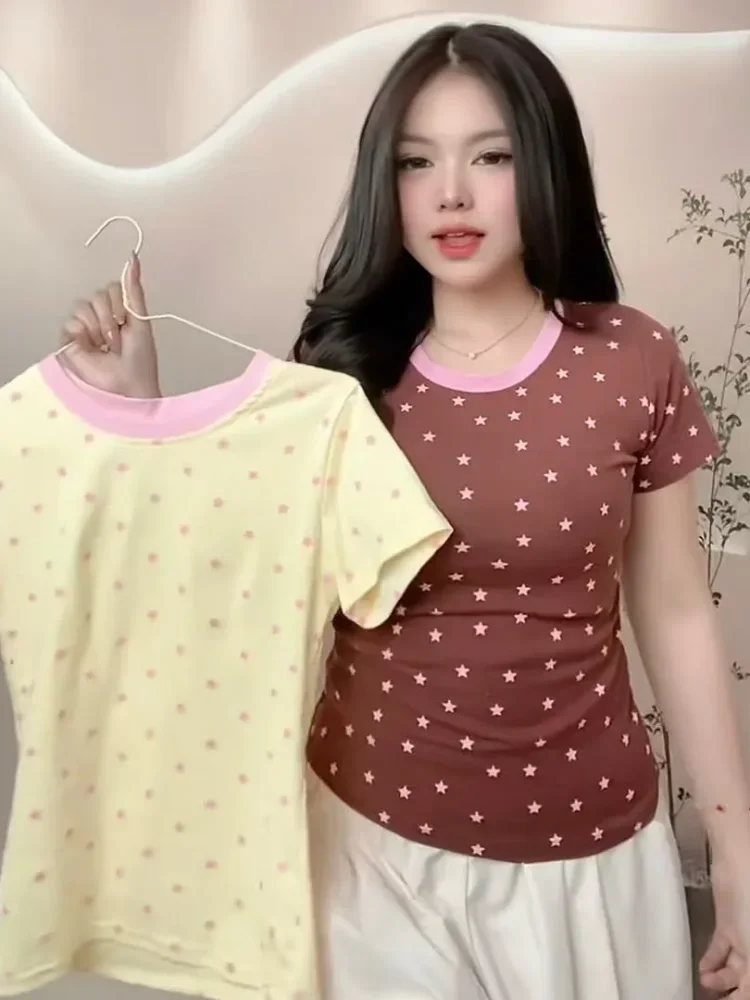 [READY STOCK]ASAYA Atasan blouse lengan pendek kerah kru motif bintang gaya kekinian