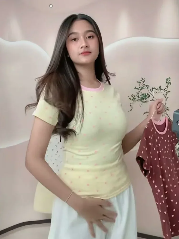 [READY STOCK]ASAYA Atasan blouse lengan pendek kerah kru motif bintang gaya kekinian