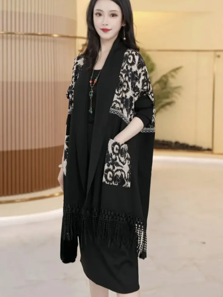 FADFAD Atasan outer kardigan motif lukisan retro untuk wanita