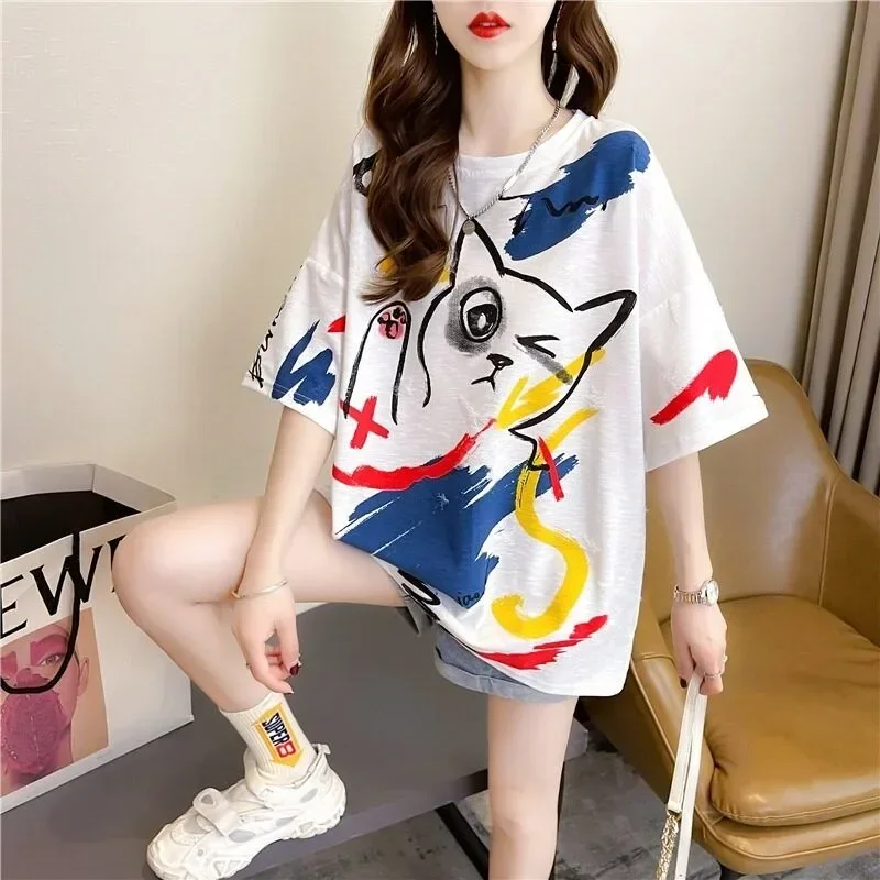 ASAYA Atasan kaos kerah bulat lengan pendek dan bermotif unik